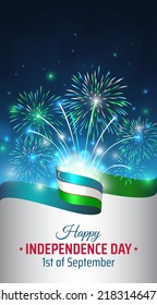 September 1, uzbekistan independence day, vector template with uzbek flag and colorful fireworks on blue night sky background. Uzbekistan national holiday september 1st. Independence day card