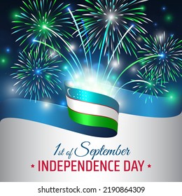 September 1, uzbekistan independence day, vector template with uzbek flag and colorful fireworks on blue night sky background. Uzbekistan national holiday september 1st. Independence day card