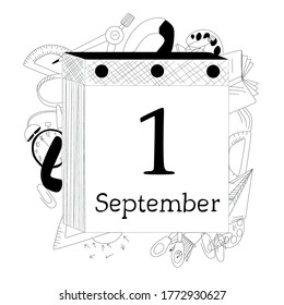 September 1. Wall calendar.Back to school. day of knowledge.Date and time, day, month.Holiday.Black and white icon