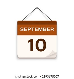 September 10, Calendar icon with shadow. Day, month. Meeting appointment time. Event schedule date. Flat vector illustration. 
