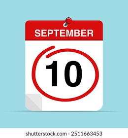 10 de septiembre hoja de calendario con marca roja alrededor de una fecha. Ilustración vectorial.