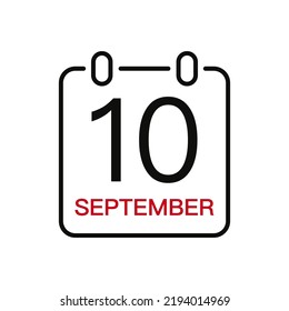 September 10 date on the calendar, vector line stroke icon for user interface. Calendar with date, vector illustration.