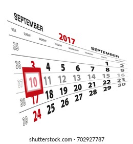 September 10, highlighted on 2017 calendar. Week starts from Sunday. Vector Illustration.
