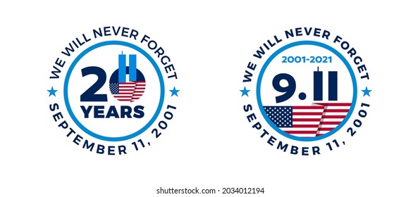September 11, 2001 - 911 20 Years Patriot Day badges with USA flag - circle vector 