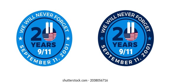 September 11, 2001 - 911 20 Years Patriot Day badges with USA flag - circle vector 