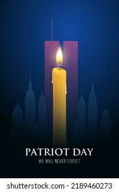 September 11, 2001 Patriot Day. Burning candle against backdrop of New York skylines and Twin Towers. Stock vector illustration.