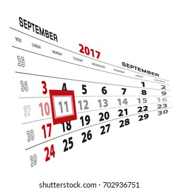 September 11, highlighted on 2017 calendar. Week starts from Sunday. Vector Illustration.