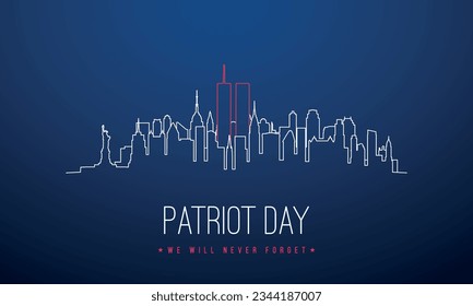 September 11 New York City Skyline banner. We will never forget. Patriot Day in blue background.