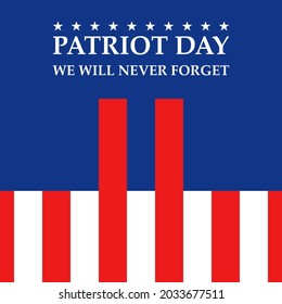 September 11 Patriot day background poster United states flag Twin tower star logo icon sign typographic emblem 9-11 We Will Never Forget Design for postcard card cover banner print badge stickler ad