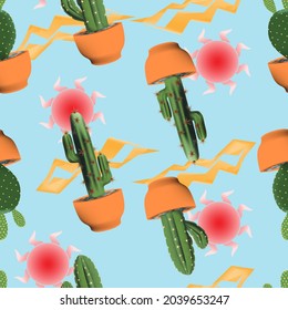 September 11,2021: Vector illustration of seamless 3 types cactus pattern.  
