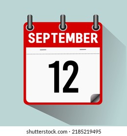 12 de septiembre, ilustración vectorial de icono del calendario, aislada en fondo azul claro.