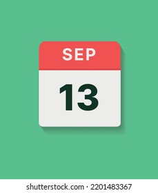 September 13 calendar icon, vector flat illustration. red, gray and green colors.