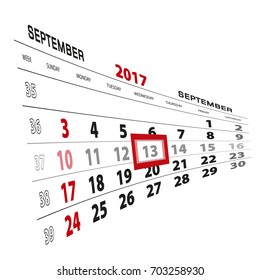 September 13, highlighted on 2017 calendar. Week starts from Sunday. Vector Illustration.