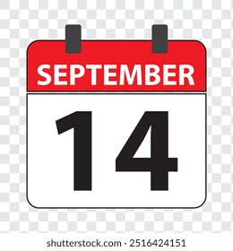 14 september Kalender Icoon. Kalenderpictogram met transparante achtergrond. Platte stijl. Datum, dag en maand. EPS 10.