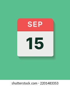 September 15 calendar icon, vector flat illustration. red, gray and green colors.