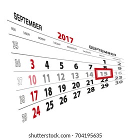 September 15, highlighted on 2017 calendar. Week starts from Sunday. Vector Illustration.