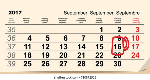 September 16, 2017 Oktoberfest. Calendar beer mug reminder icon. Vector illustration