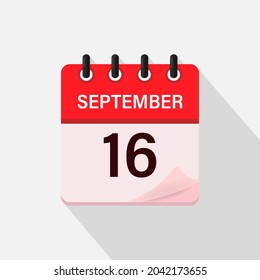 16 de septiembre, icono del calendario con sombra. Día, mes. Ilustración vectorial plana.