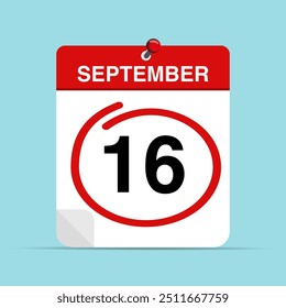 September 16 calendar leaf with red mark around a date. Vector illustration.