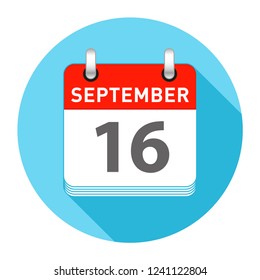 September 16 Date on a Single Day Calendar in Flat Style with long flat shadow on a blue background