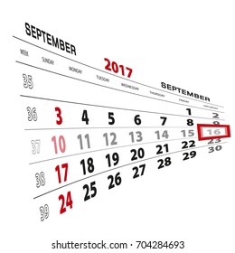September 16, highlighted on 2017 calendar. Week starts from Sunday. Vector Illustration.