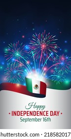 September 16, mexico independence day, vector template with mexican flag and colorful fireworks on blue night sky background. Mexico national holiday september 16th. Independence day card