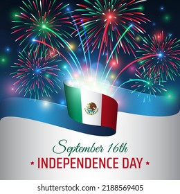 16 de setiembre, Día de la Independencia de méxico, plantilla vectorial con bandera mexicana y coloridos fuegos artificiales en el fondo azul del cielo nocturno. Fiesta nacional de México el 16 de septiembre. Tarjeta del día de la independencia