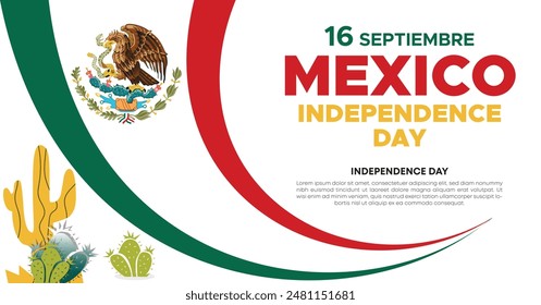 Septiembre 16 Día de la Independencia de México Anuncio y fondo del Web. Anuncio de celebraciones del Día Nacional de México con la bandera de México para anuncios de portada de medios sociales, tarjeta de invitación, telón de fondo, folleto, cartel