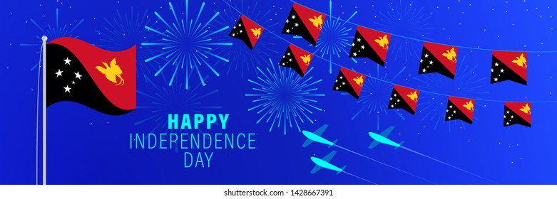 September 16 Papua New Guinea Independence Day greeting card. Celebration background with fireworks, flags, flagpole and text.