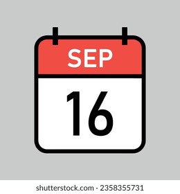 september 16, red and white color calendar page with black outline, calendar date vector illustration