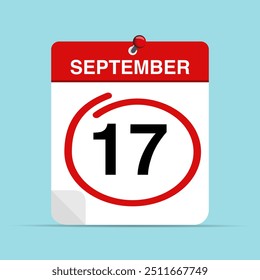September 17 calendar leaf with red mark around a date. Vector illustration.