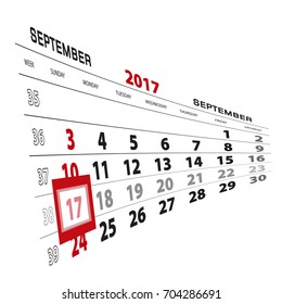 September 17, highlighted on 2017 calendar. Week starts from Sunday. Vector Illustration.