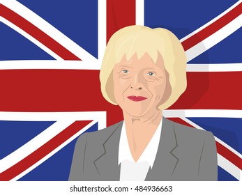 September 18, 2016: vector illustration of Theresa May portrait - the Prime Minister of the United Kingdom and the Leader of the Conservative Party - on the Union Jack background.
