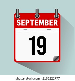 19 de septiembre, ilustración vectorial de icono del calendario, aislada en fondo azul claro.