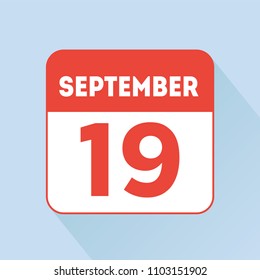 September 19 calendar reminder icon. Red flat sign. Holiday, birthday or wedding date. Special day. Calender paper