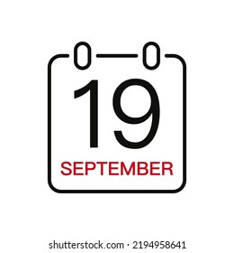Fecha del 19 de septiembre en el calendario, icono de trazo de línea vectorial para la interfaz de usuario. Calendario con fecha, ilustración vectorial.