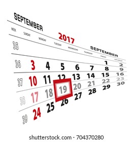 September 19, highlighted on 2017 calendar. Week starts from Sunday. Vector Illustration.