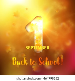 September 1st. Back To School background with gold maple leaves and bokeh lights with sunny sky. Poster, greeting card or brochure template. Vector illustration.