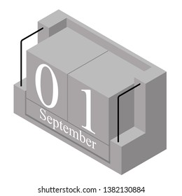 September 1st date on a single day calendar. Gray wood block calendar present date 1 and month September isolated on white background. Holiday. Season. Vector isometric illustration