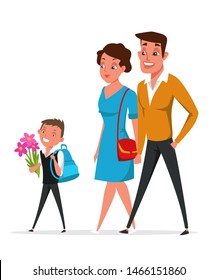 September 1st flat vector illustration. Mother, father and little son with rucksack cartoon characters. Happy parents take cheerful child to school. Smiling elementary grade student carrying flowers