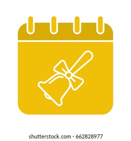 September 1st glyph color icon. Calendar page with school bell with ribbon. Silhouette symbol on white background. Negative space. Vector illustration