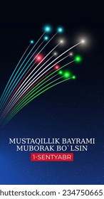 September 1st, uzbekistan independence day, uzbek colorful fireworks flag on blue night sky background. National holiday. Greeting card. Vector. Translation Happy Independence Day September 1