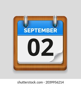 September 2 blue daily realistic calendar with wooden frame icon date vector image