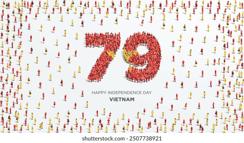 September 2 Happy Independence Day Vietnam Design. A large group of people form to create the number 79 as Vietnam celebrates its 79th Independence Day on the 2nd of September.