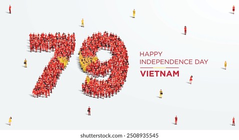 2 de setembro Feliz Dia da Independência Vietnam Design. Um grande grupo de pessoas se forma para criar o número 79 enquanto o Vietnã celebra seu 79º Dia da Independência em 2 de setembro.