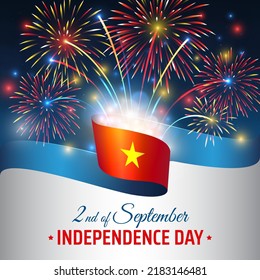 September 2, vietnam independence day, vector template with vietnamese flag and colorful fireworks on blue night sky background. Vietnam national holiday september 2nd. Independence day card