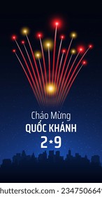 September 2, vietnam independence day, vietnamese colorful fireworks flag on blue night sky background. National holiday vietnam. Greeting card. Vector. Translation September 2nd Independence Day