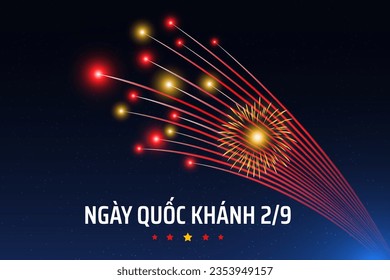 2 de setiembre, día de la independencia de vietnamita, bandera vietnamita de fuegos artificiales coloridos sobre fondo azul del cielo nocturno. Vietnam, fiesta nacional. Tarjeta de felicitación. Vector. Traducción 2 de septiembre Día de la Independencia