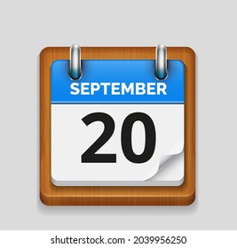 September 20 blue daily realistic calendar with wooden frame icon date vector image
