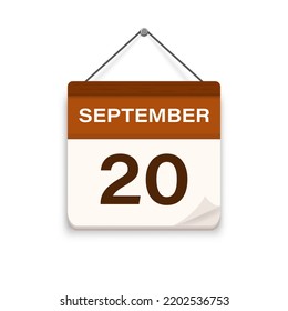 September 20, Calendar icon with shadow. Day, month. Meeting appointment time. Event schedule date. Flat vector illustration. 
